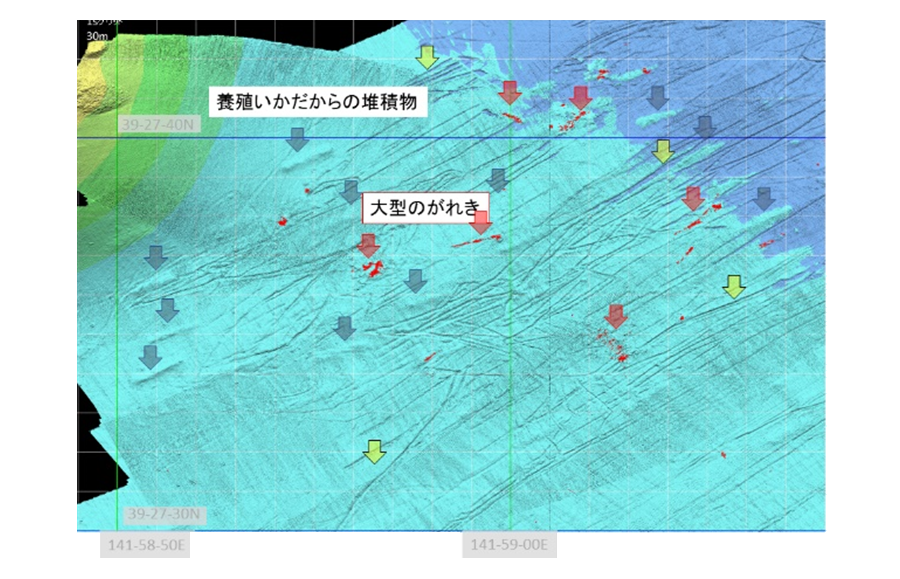 海底がれきマップ：カキ養殖いかだの係留アンカーが引き波によって流された際に海底をひっかいたと思われる痕跡が見える