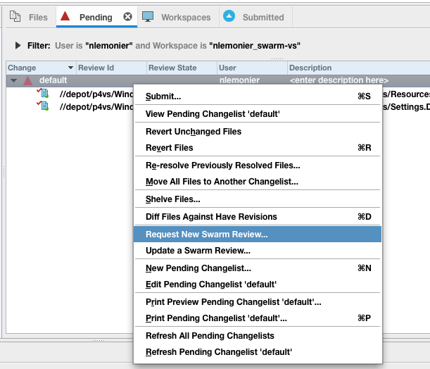 [作業中チェンジリスト]の[新しいSwarmレビューを要求]コンテキストメニュー