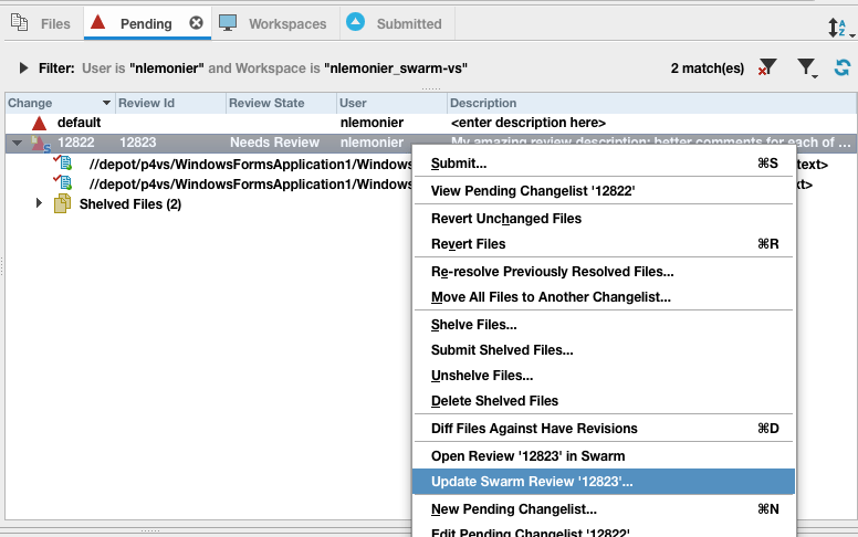 [作業中チェンジリスト]の[Swarmレビューを更新]コンテキストメニュー