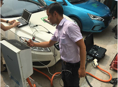 写真２：中国市販EVとEV充電器を用いた充電解析の様子  